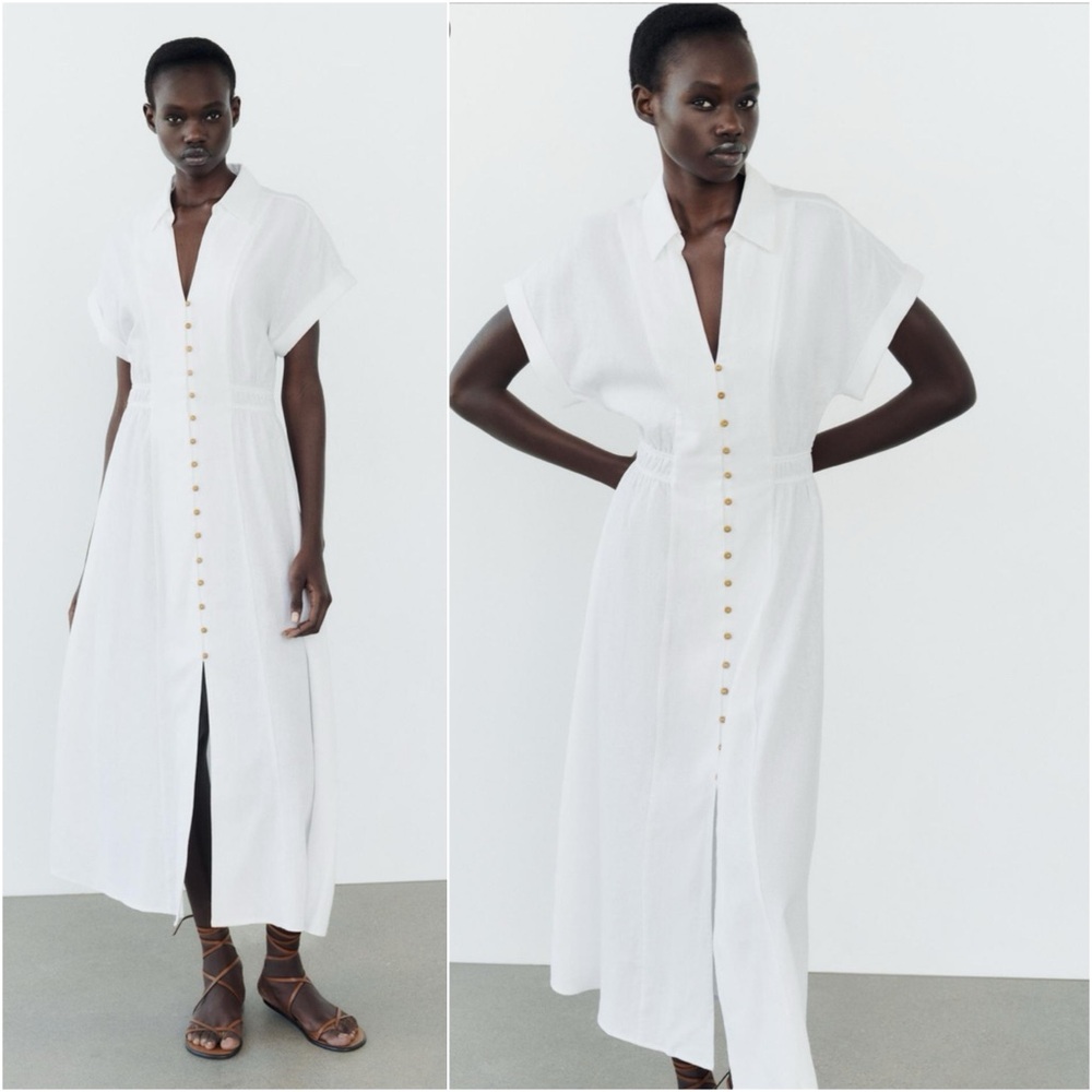 ZARA White Buttoned V-Neck Sundress XSMALL linen blend